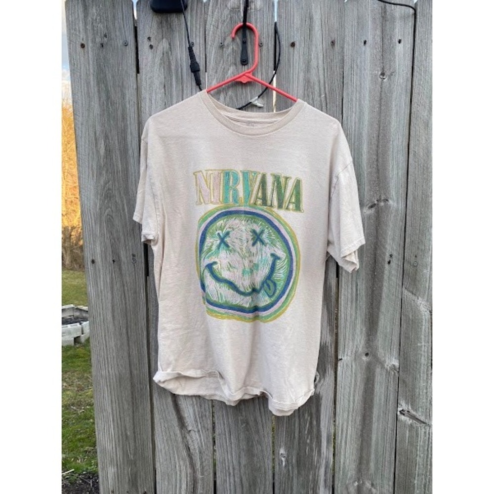 NIRVANA Cream Short Sleeve Tee with Multicolor Smiley Graphic